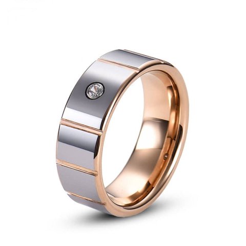 (image for) Two-Tone Tungsten Wedding Bands With CZ Diamond And Grooves, Mens Unique Rose Gold Tungsten Carbide Wedding Ring Band - 8mm, Matching Tungsten Jewelry Set