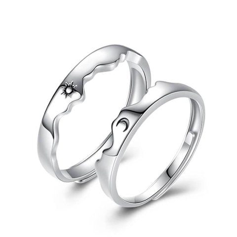(image for) Matching Sun And Moon Engraved Mountain Promise Rings For Couples In Sterling Silver