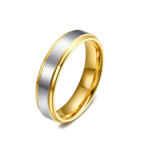 (image for) Two-Tone Tungsten Wedding Band For Women, White Center Gold Tungsten Carbide Wedding Ring Band With Step Edges, Matching His and Hers Tungsten Jewelry for Couples