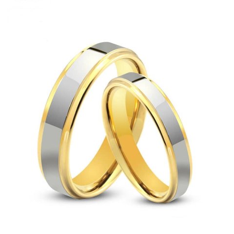 (image for) Two-Tone Tungsten Wedding Bands Set, Step-Edge Gold Tungsten Carbide Wedding Ring Band with Polished Raised Center, Matching His and Hers Jewelry Set for Couples