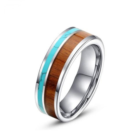 (image for) Tungsten Wedding Band, Wood and Turquoise Inlay Tungsten Carbide Wedding Band, 6mm / 8mm Flat Tungsten Wedding Ring, Matching His and Hers Jewelry for Couples