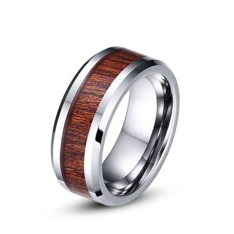 (image for) Koa Wood Inlay Tungsten Wedding Bands With Beveled Edges, Gold / White Tungsten Carbide Wood Wedding Ring Band - 6mm - 8mm, Matching Jewelry Set For Men Or Women