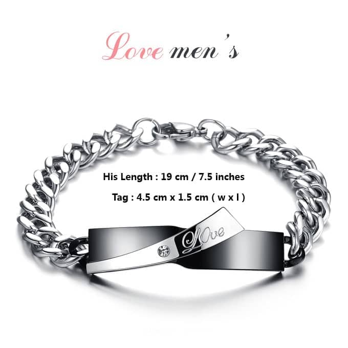 (image for) Teamo His and Hers Bracelets, Black / Rose Gold Personalized Tag Bracelets Set, Love Engraved Titanium Steel Bracelet with CZ Diamond, Matching Jewelry for Couples