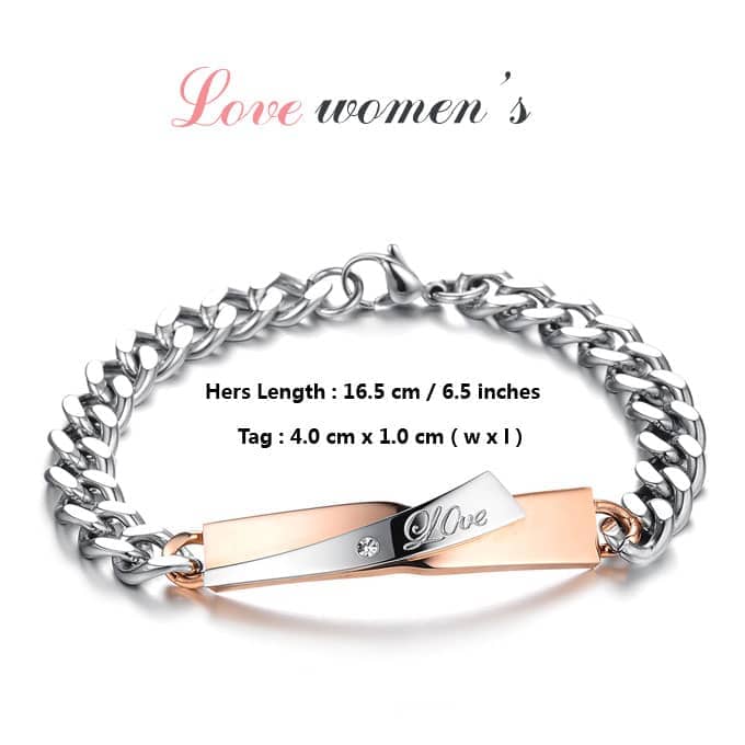 (image for) Teamo His and Hers Bracelets, Black / Rose Gold Personalized Tag Bracelets Set, Love Engraved Titanium Steel Bracelet with CZ Diamond, Matching Jewelry for Couples