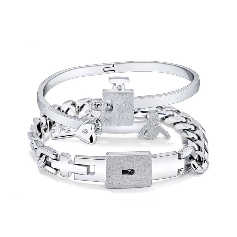 (image for) Matching Couple Lock Bracelet And Heart Key Bangle Set In Titanium Steel