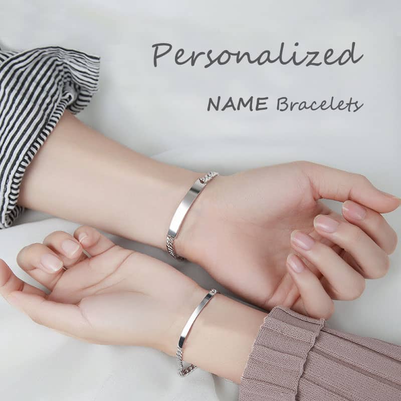 (image for) Coise Couple Bracelets, Personalized ID Tag Name Bracelets Set, Curb Link Engravable Bracelet in Sterling Silver, Matching His and Hers Jewelry for Couples - FREE Engraving