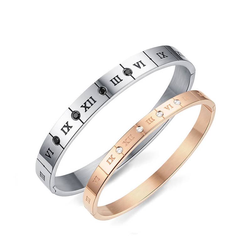 (image for) Teamo His and Hers Bracelets, Personalized Bangles with Roman Numerals and Black Diamonds, Rose Gold / Silver Bangle in Titanium Steel, Matching Couple Jewelry Set