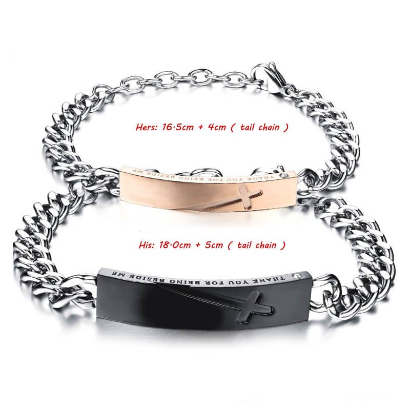 (image for) Teamo His and Hers Bracelets, Rose Gold / Black Cross Tag Bracelets Set, Personalized ID Name Tag Bracelet in Titanium Steel, Matching Jewelry for Couples