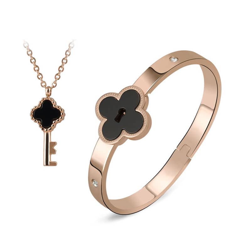 (image for) Rose Gold Lucky Clover Matching Lock & Key Bangle And Necklace Set In Titanium Steel