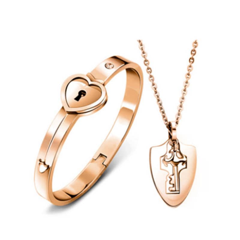 (image for) OuYan Couples Bracelets, Rose Gold Lock & Key Bangle and Pendant Set in Titanium Steel, Knight Shield Key Necklace + Heart Bangle, Matching Jewelry for Him and Her