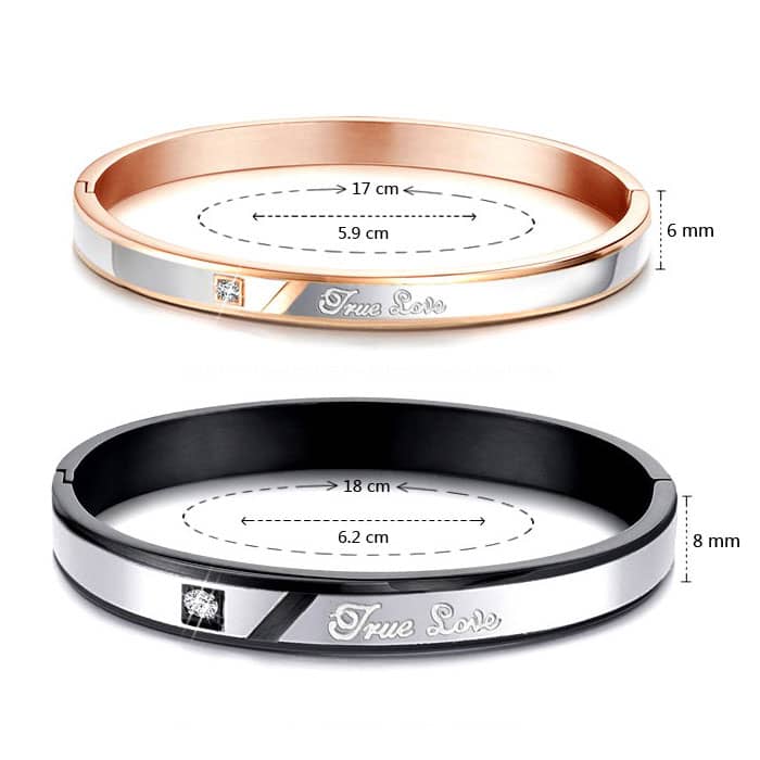 (image for) Teamo His and Hers Bracelets, True Love Engraved Bangles Set, Personalized Black / Rose Gold Bangle Bracelet with CZ Diamond, Matching Jewelry for Couples