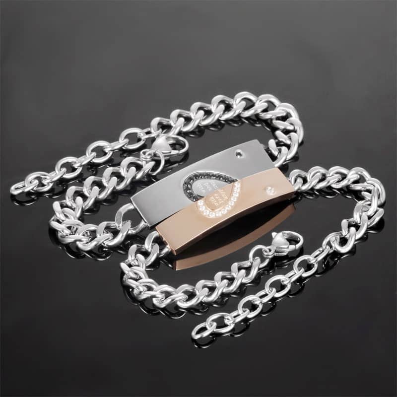 (image for) Titanium Steel Matching Heart Tag Bracelets With Black & White CZ Diamond Accents