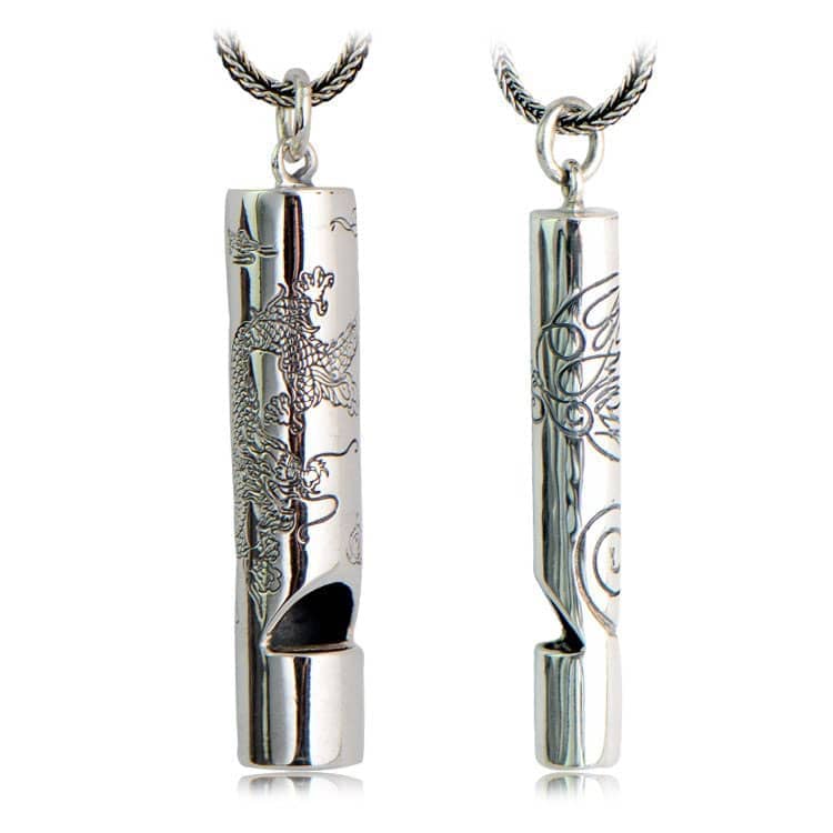 (image for) Couple Necklaces, Dragon & Phoenix Engraved Whistle Pendants Set, Antiqued Finish Vintage Cylinder Necklace in Sterling Silver, Matching His and Hers Jewelry for Couples
