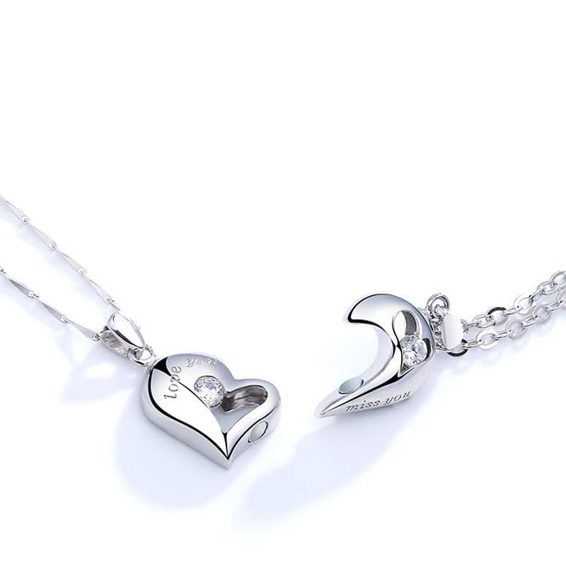 (image for) Love You & Miss You Matching Heart To Heart Necklaces With CZ Diamonds