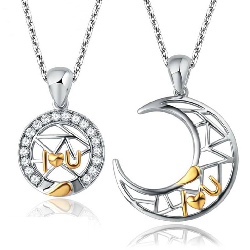 (image for) I Heart U Matching Sun & Moon Necklaces Set In Sterling Silver