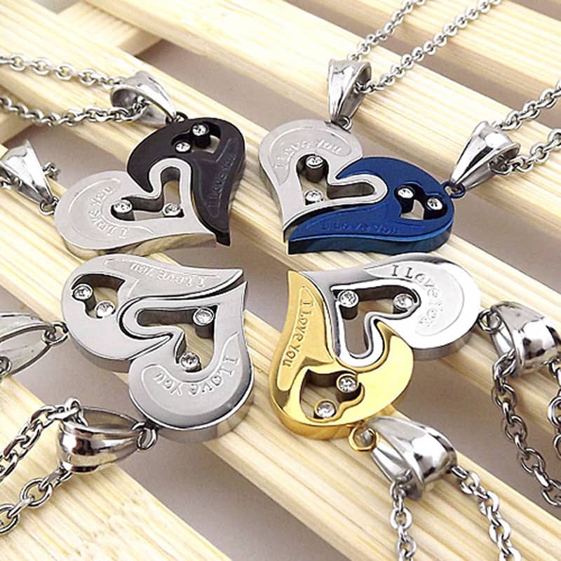 (image for) Couples Necklaces, Gold / Silver / Black / Blue Interlocking Open Heart Puzzle Necklaces Set, Titanium Steel I Love You Engraved Pendant, Matching Jewelry for Him and Her