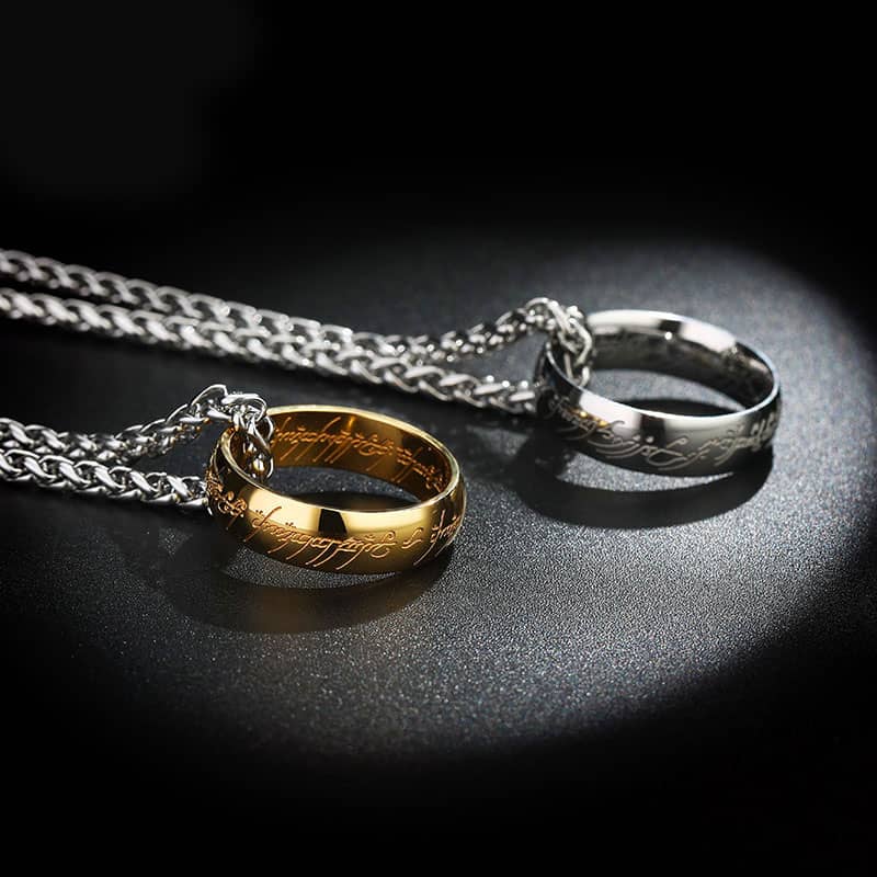 (image for) iDream Couple Necklaces, Lord of The Ring Engraved Circle Pendants + Bands Set, Silver / Gold Hoop Necklace in Titanium Steel, Matching Jewelry for Him and Her