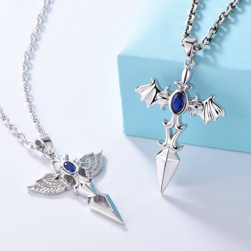(image for) Blue Sweet Couple Necklaces, Wing + Sword + Cross Necklaces for Women and Men, Sterling Silver Vintage Pendants Set with Gemstone, Matching His and Hers Jewelry for Couples