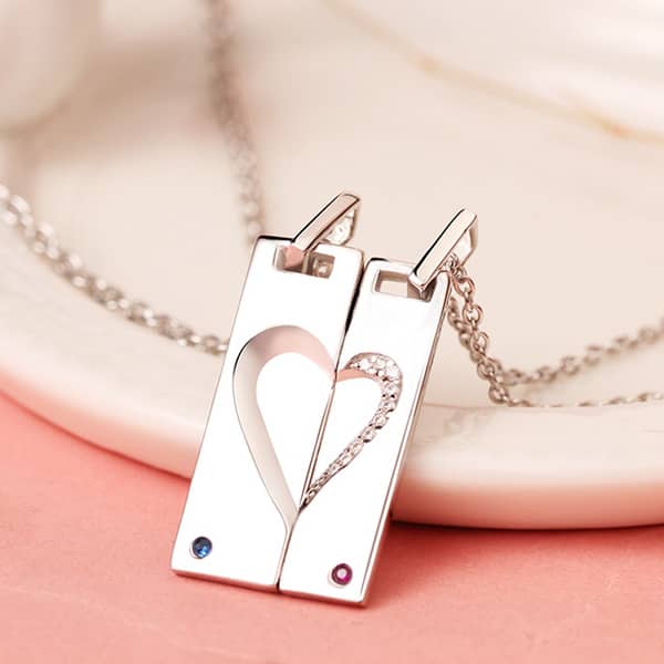 (image for) Sterling Silver Matching Heart Tag Necklaces With CZ Diamond Accents