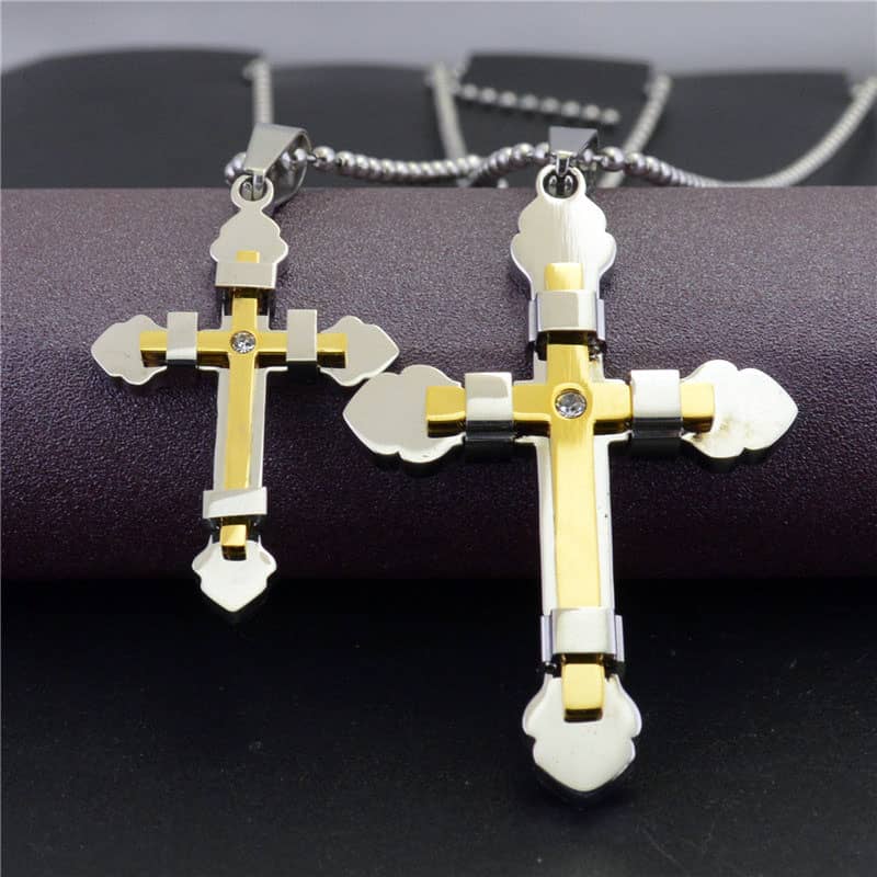 (image for) Black + White Cross Necklaces Set for Women and Men, Two-Tone Titanium Steel Cross Pendant Necklace with CZ Diamond, Matching Couple Jewelry for Him and Her