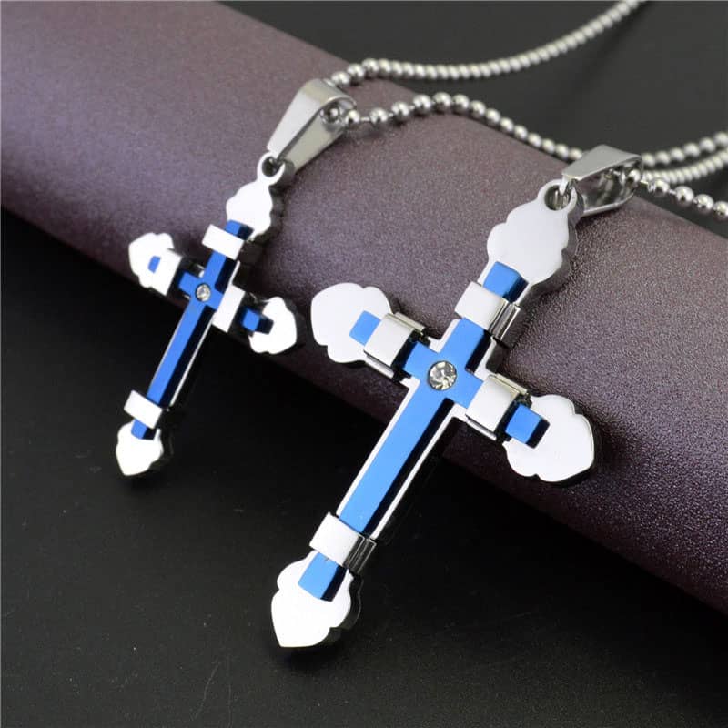 (image for) Black + White Cross Necklaces Set for Women and Men, Two-Tone Titanium Steel Cross Pendant Necklace with CZ Diamond, Matching Couple Jewelry for Him and Her