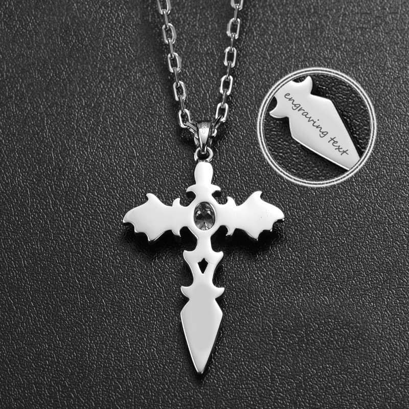 (image for) Blue Sweet Couple Necklaces, Wing + Sword + Cross Pendant for Men, Gemstone Vintage Necklace in 925 Sterling Silver, Matching His and Hers Jewelry Set for Couples
