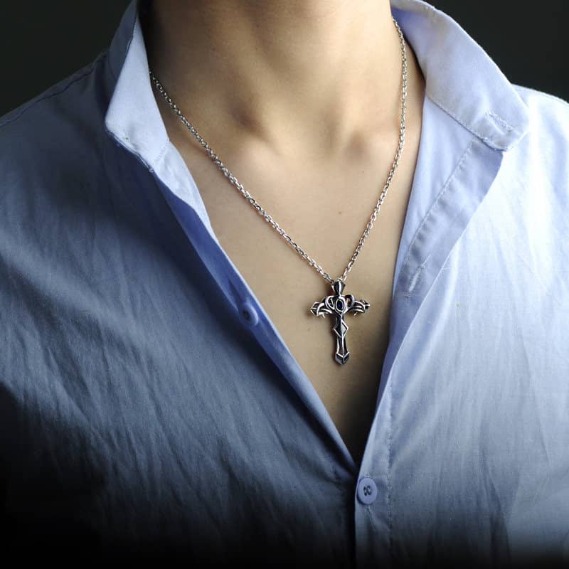 (image for) Blue Sweet Couple Necklaces, Punk Sword + Cross Pendant with Blue Corundum Inlay, Vintage Gemstone Cross Necklace in Sterling Silver, Matching His and Hers Jewelry Set