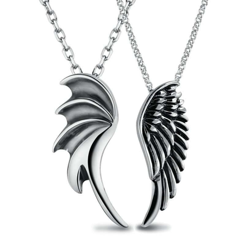(image for) Angel & Demon Wing Matching Couple Necklaces In Sterling Silver - Antiqued Finish