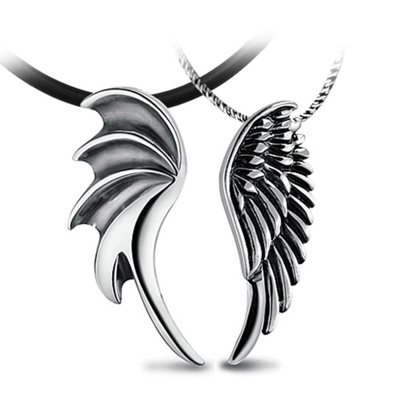 (image for) Angel & Demon Wing Matching Couple Necklaces In Sterling Silver - Antiqued Finish