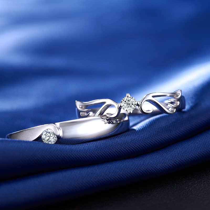 (image for) Angel Wing + Crown Couple Rings Set for Women and Men, 925 Sterling Silver Cute Promise Rings with CZ Diamond, Matching His and Hers Jewelry for Couples