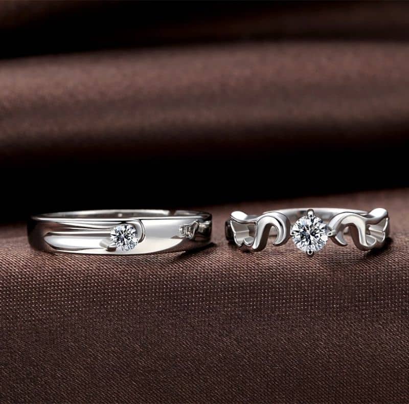(image for) Angel Wing + Crown Couple Rings Set for Women and Men, 925 Sterling Silver Cute Promise Rings with CZ Diamond, Matching His and Hers Jewelry for Couples
