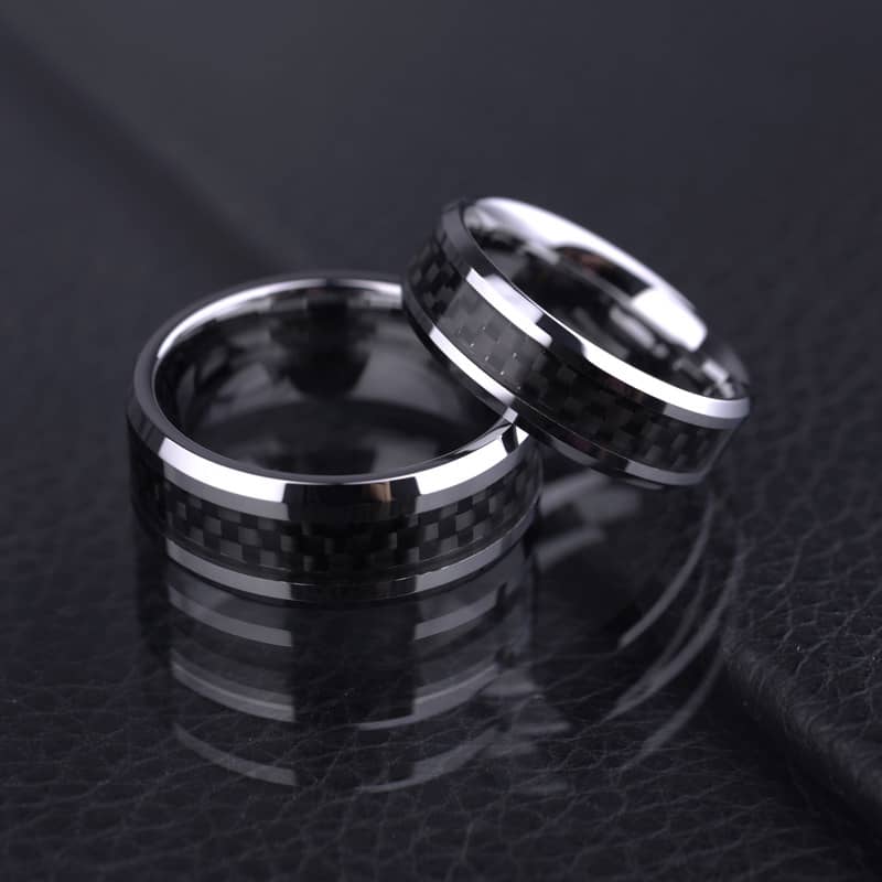(image for) Black Carbon Fiber Inlay Tungsten Wedding Band, Tungsten Carbide Wedding Ring with Beveled Edges - 6mm - 8mm, Matching Couples Jewelry Set for Him and Her