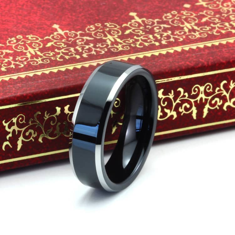 (image for) Two-Tone Tungsten Wedding Band, Black Tungsten Carbide Wedding Ring Band with White Beveled Edges - 6mm - 8mm, Matching His and Hers Jewelry Set for Couples