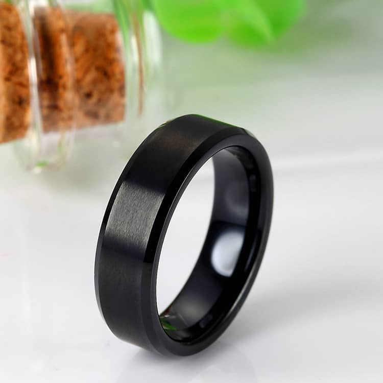 (image for) Black Tungsten Wedding Band, Tungsten Carbide Wedding Ring Band with Brushed Center & Beveled Edges - 4mm - 8mm, Matching Couple Jewelry Set for Him and Her