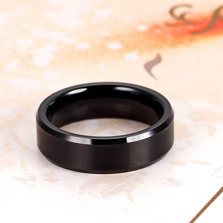 (image for) Black Tungsten Wedding Band, Tungsten Carbide Wedding Ring Band with Brushed Center & Beveled Edges - 4mm - 8mm, Matching Couple Jewelry Set for Him and Her