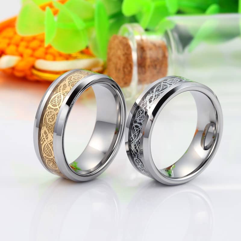 (image for) Gold / White Celtic Dragon Inlay Tungsten Wedding Bands, Beveled-Edge Tungsten Carbide Wedding Ring Band - 6mm - 8mm, Matching His and Hers Jewelry Set for Couples