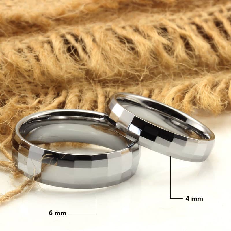 (image for) Faceted + Domed Tungsten Wedding Band for Women or Men, White Tungsten Carbide Wedding Ring Band - 2mm - 6mm, Matching His and Hers Jewelry Set for Couples