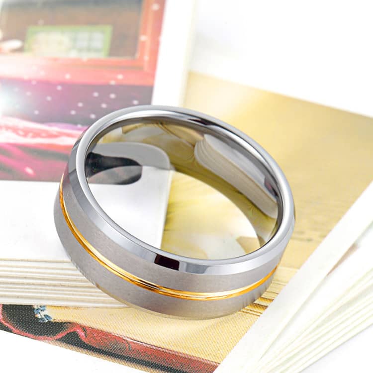 (image for) Beveled-Edge Tungsten Wedding Band, Gold Inlaid Tungsten Carbide Wedding Ring Band with Brushed Center - 6mm - 8mm, Matching Couples Jewelry Set for Him and Her