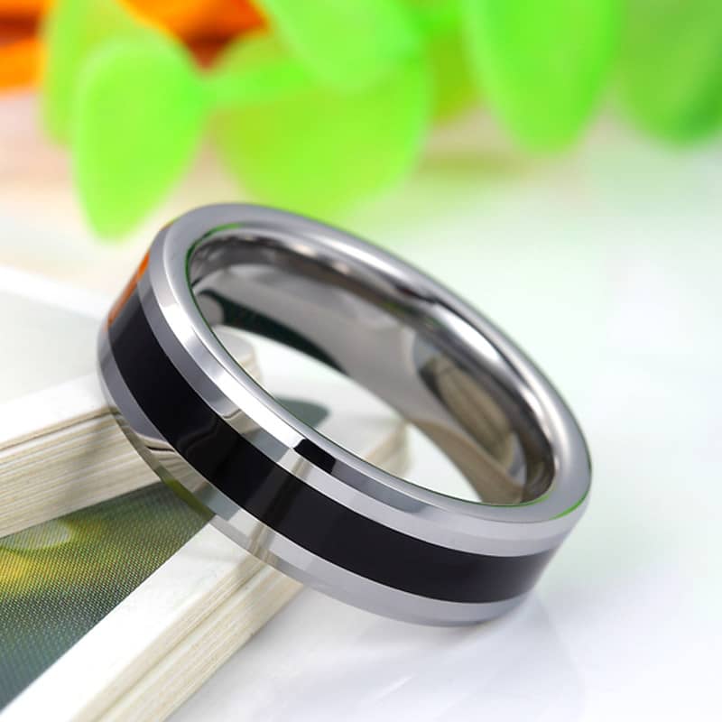 (image for) Two-Tone Tungsten Wedding Bands, Black Center Beveled-Edge Tungsten Carbide Wedding Ring Band for Men or Women - 6mm, Matching Couple Jewelry Set for Him and Her