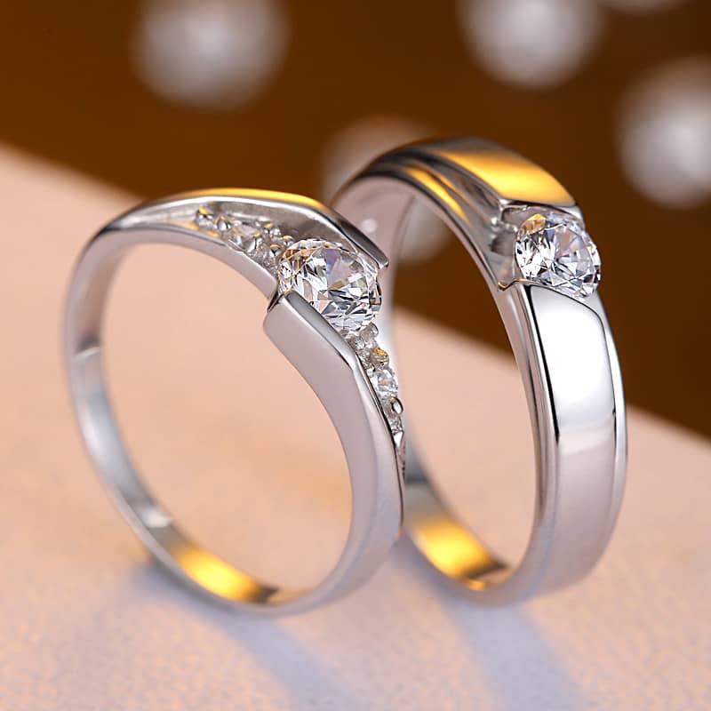 (image for) Cubic Zirconia Diamond Eternity Promise Rings for Couples, Sterling Silver Engagement Rings Set for Women and Men, Matching Couples Jewelry for Him and Her