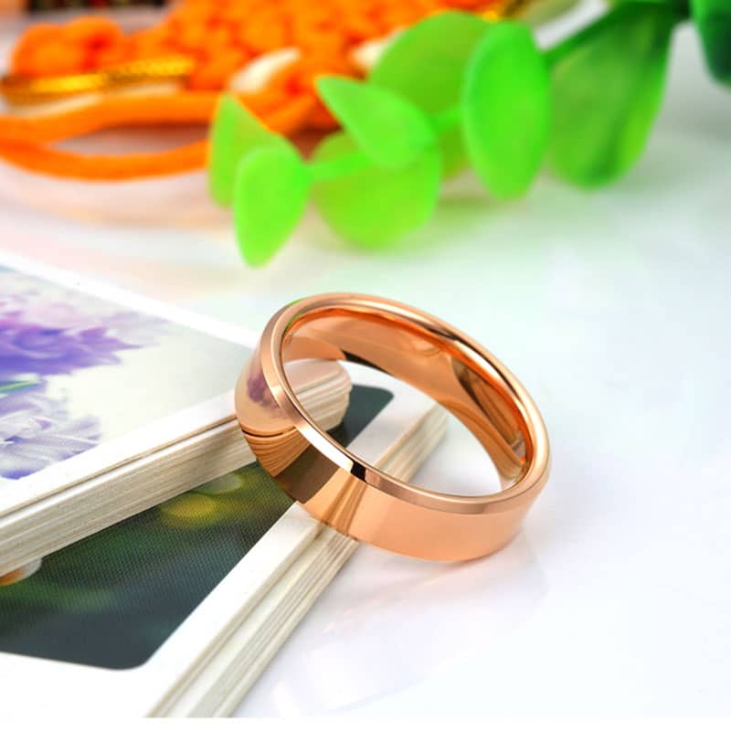 (image for) Rose Gold Plated Tungsten Wedding Bands, Polished Tungsten Carbide Wedding Band with Beveled Edges, Personalized Ring for Women - 4mm - 6mm, Matching Jewelry Set for Couples