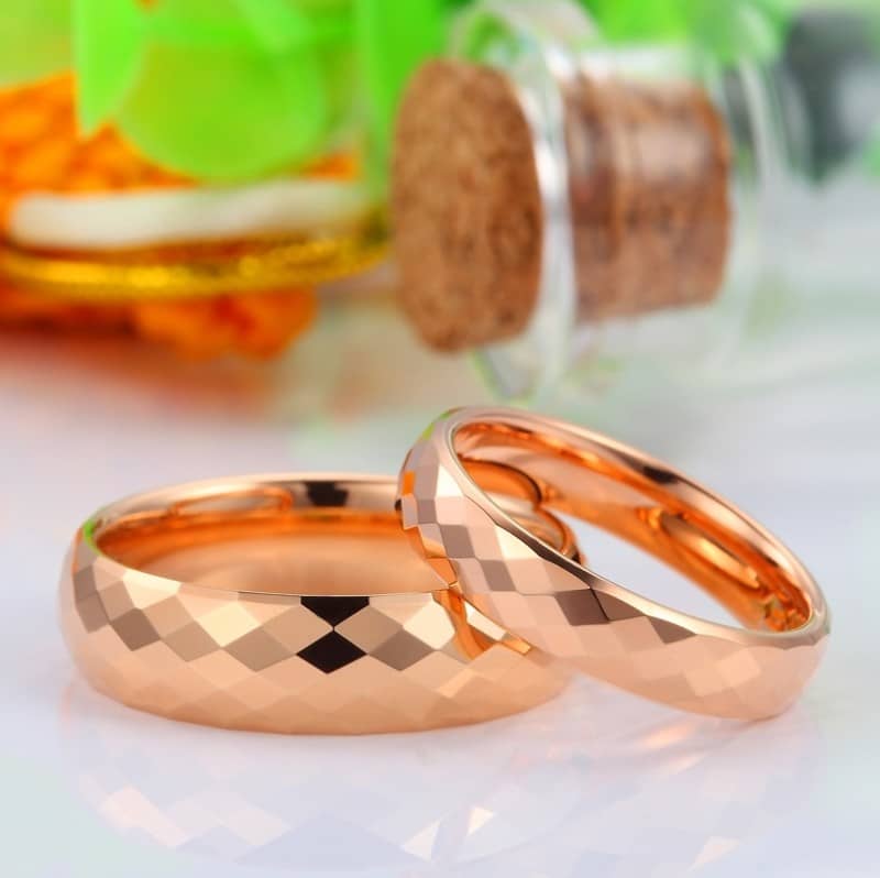 (image for) Rose Gold Plated Tungsten Wedding Bands, Faceted Finish Tungsten Carbide Wedding Ring Band with Domed Profile - 4mm - 6mm, Matching Couple Jewelry Set for Him and Her