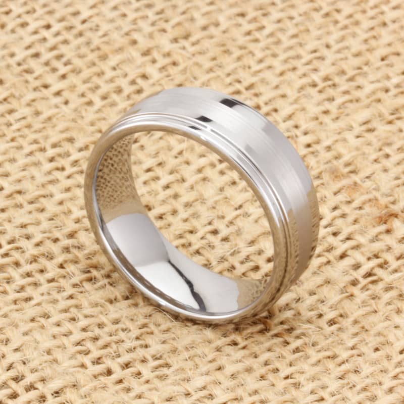 (image for) Step-Edge Tungsten Wedding Band, White Tungsten Carbide Wedding Ring Band with Raised Brushed Center - 6mm - 8mm, Matching Couple Jewelry Set for Him and Her