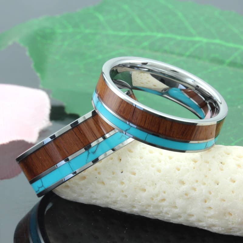 (image for) Koa Wood and Turquoise Inlaid Tungsten Wedding Bands, Unique Tungsten Carbide Wedding Ring Band - 6mm - 8mm, Matching His and Hers Jewelry Set for Couples