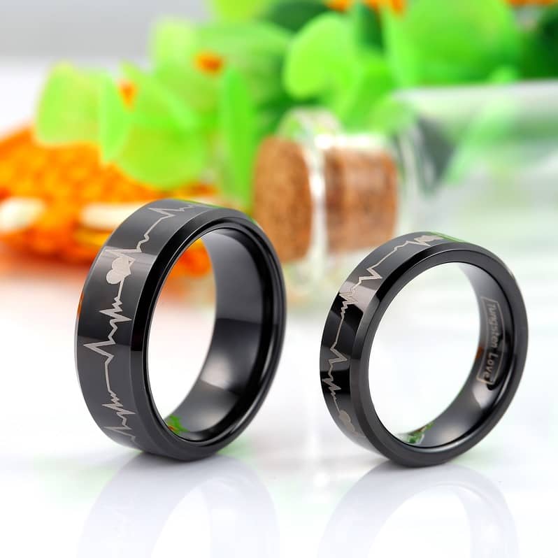 (image for) Black Tungsten Wedding Bands, Beat of My Heart Tungsten Carbide Wedding Band, Hearts and Heartbeat Engraved Life Ring - 4mm - 8mm, Matching Couple Jewelry Set for Him and Her