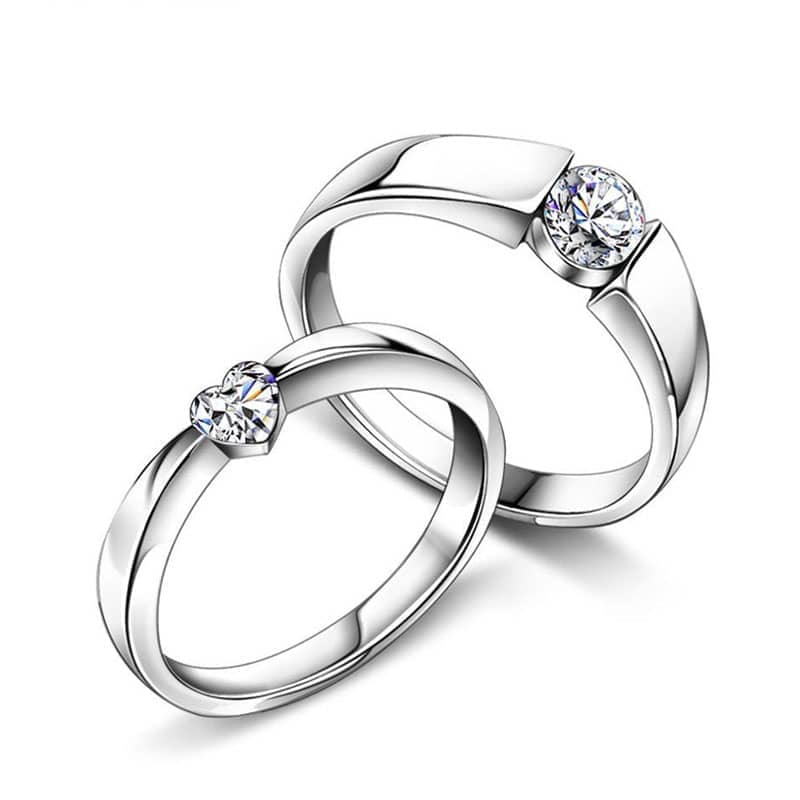 (image for) Heart + Round Cubic Zirconia Diamond Promise Rings for Couples, Personalized Engagement Rings in Sterling Silver, Matching Couple Jewelry Set for Him and Her