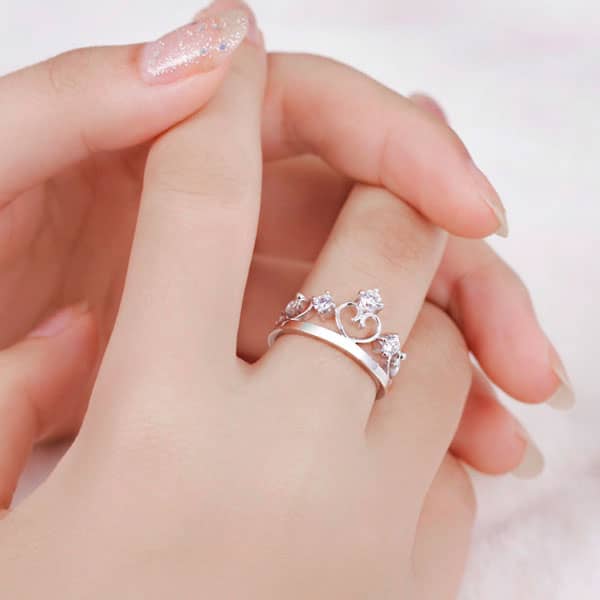 (image for) CZ Diamond Cross Wedding Band + Open Heart / Crown Engagement Ring Set, Engravable Promise Rings in 925 Sterling Silver, Matching Couples Jewelry for Him and Her