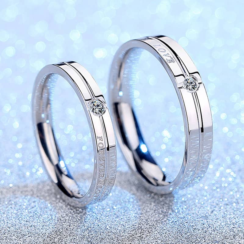 (image for) Forever Love Engraved Promise Rings for Couples, Sterling Silver Wedding Band with Crossed Grooves and CZ Diamond, Matching Couple Jewelry Set for Him and Her