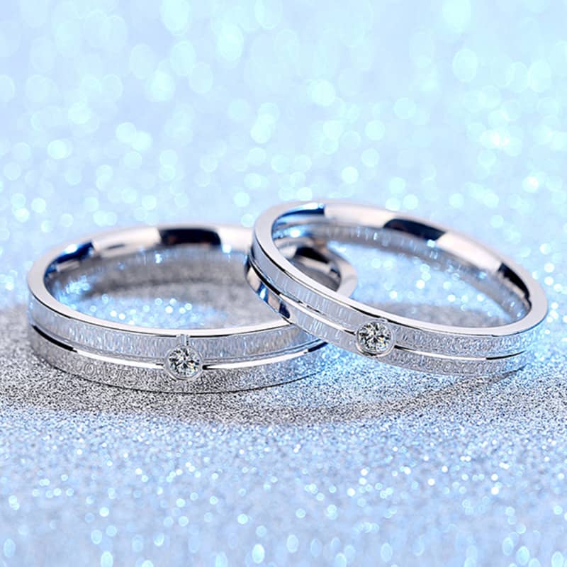 (image for) Forever Love Engraved Promise Rings for Couples, Sterling Silver Wedding Band with Crossed Grooves and CZ Diamond, Matching Couple Jewelry Set for Him and Her