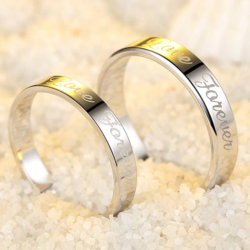 (image for) Love Forever Engraved Promise Rings for Couples, Personalized Flat Wedding Ring Band in 925 Sterling Silver, Matching Couple Jewelry Set for Him and Her